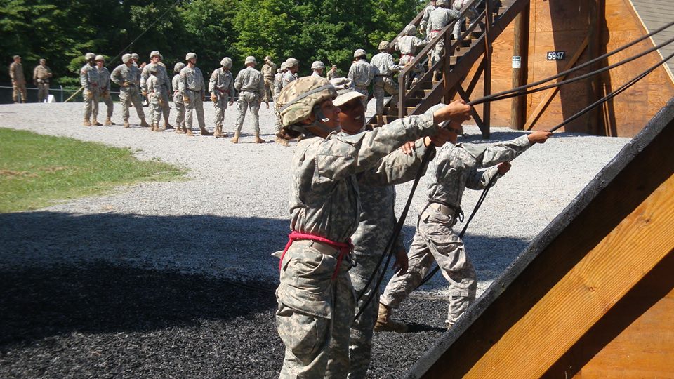 Cadet Jenny Dalrymple takes on the 64-foot rappel tower at Cadet Summer Training Advanced Camp at Ft. Knox, Kentucky