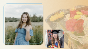 A composite photo showing Carli in a field, dressing in a cap and gown and a bouquet of flowers